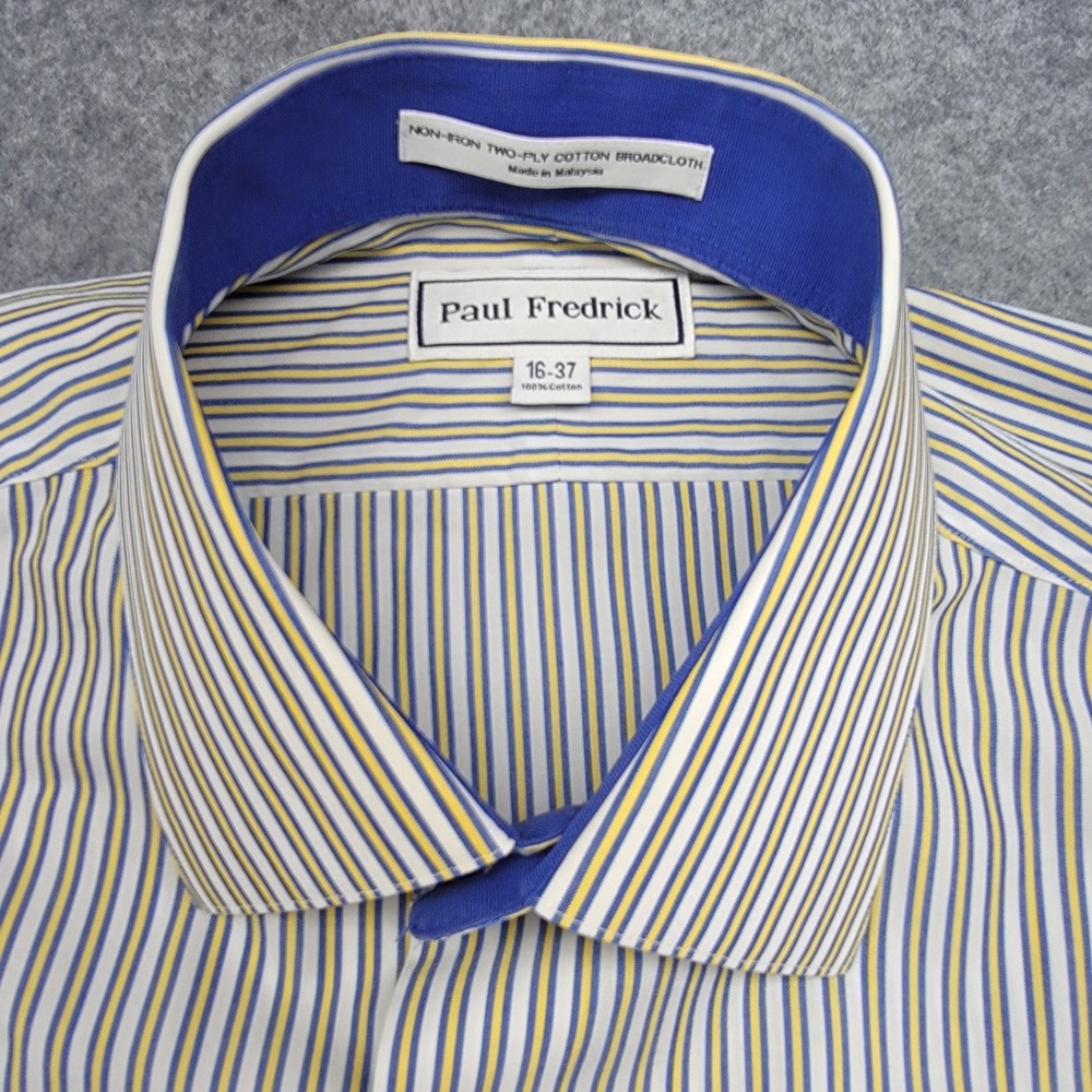 Paul Fredrick Men's Non Iron Two Ply Cotton Blue  Yellow Dress Shirt 16/37